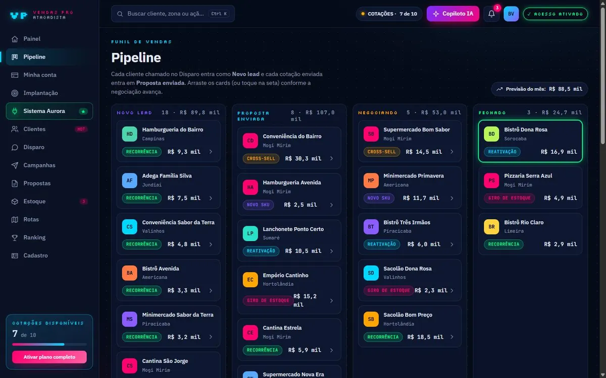 Tela Funil que se mexe do CRM de vendas de demonstração